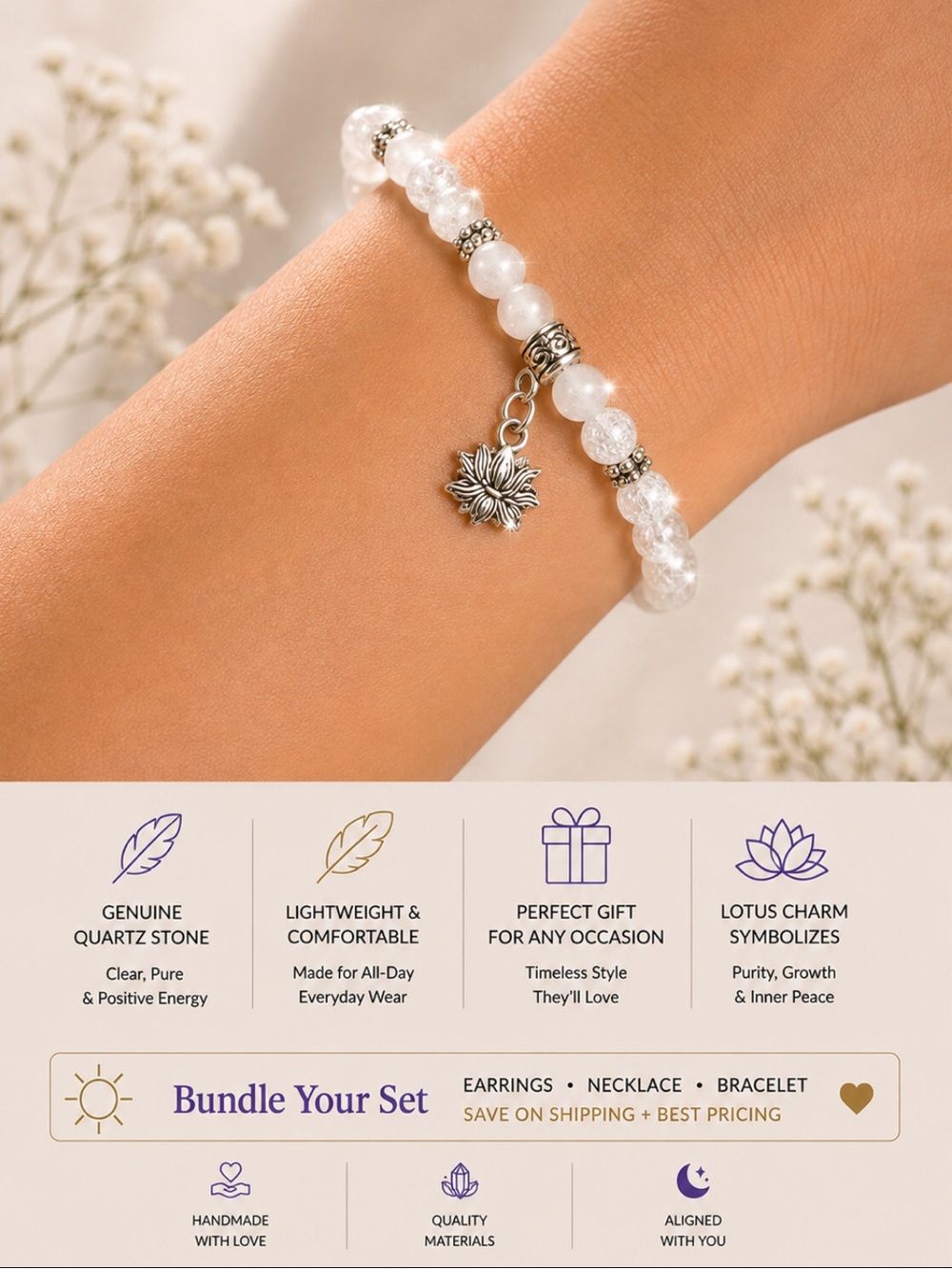 2 for $30 Clear Quartz Genuine, Beaded Stretch Bracelet with Lotus Charm